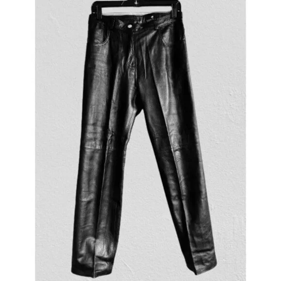 ROSSI & CARUSO Genuine Leather Pants Black Strait Cut Back Pockets Size Med - Picture 3 of 8